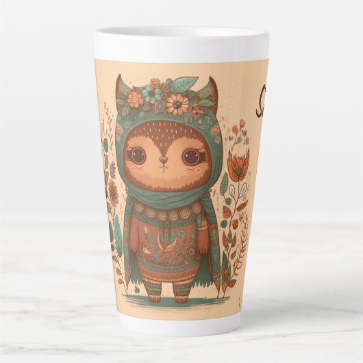 Cute boho floral owl custom latte mok (Voorkant)
