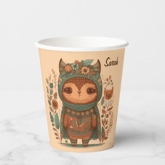 Cute boho floral owl custom papieren bekers (Voorkant)