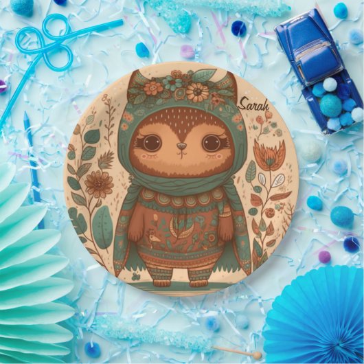 Cute boho floral owl custom papieren bordje (Feest)