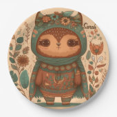 Cute boho floral owl custom papieren bordje (Voorkant)