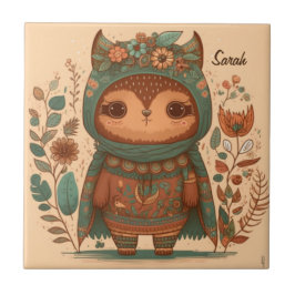 Cute boho floral owl custom tegeltje
