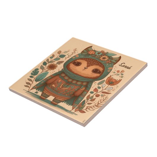 Cute boho floral owl custom tegeltje (Zijkant)