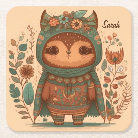 Cute boho floral owl douane drankachtbaan kartonnen onderzetters (Voorkant)