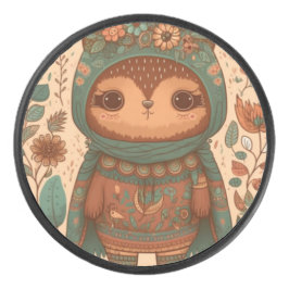 Cute boho floral owl hockey puck