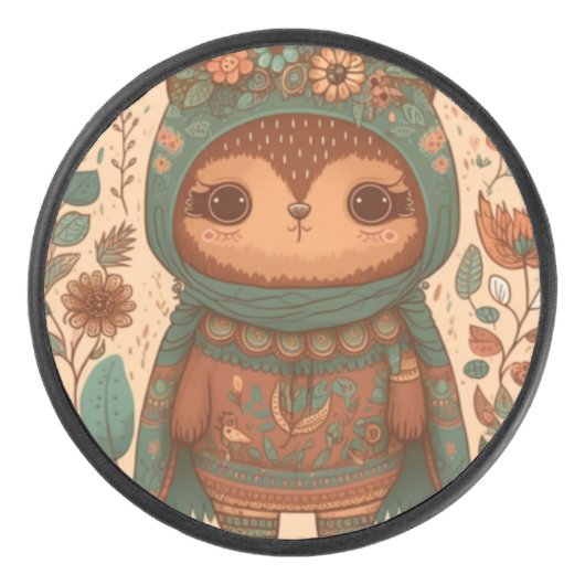 Cute boho floral owl hockey puck (Voorkant)