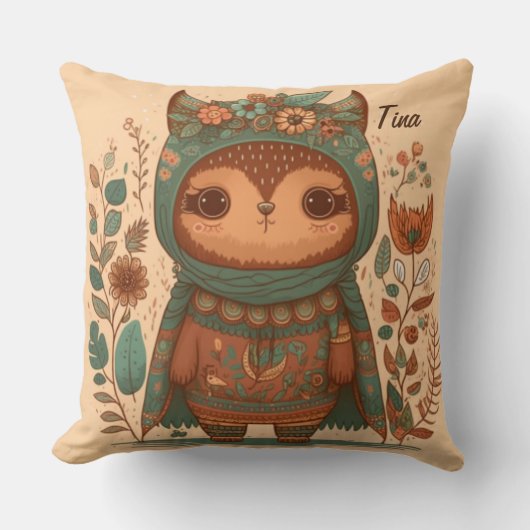 Cute boho floral owl kussen (Voorkant)