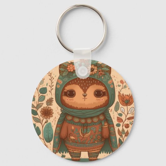Cute boho floral owl sleutelhanger (Voorkant)