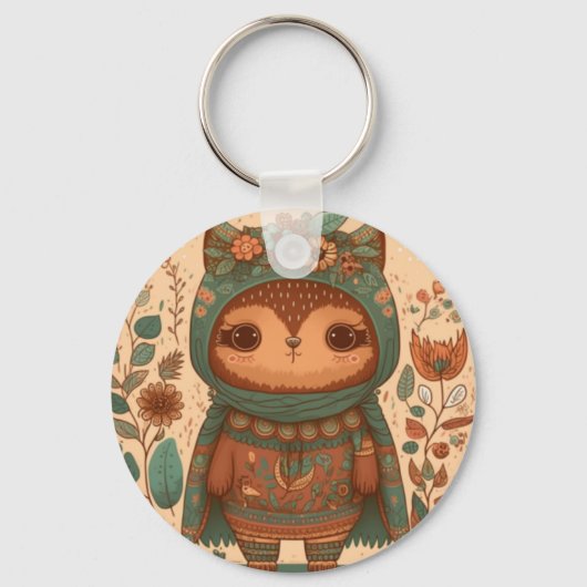 Cute boho floral owl sleutelhanger (Voorkant)