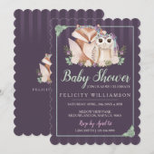 Cute Boho Forest Fox & Owl Baby shower Invitation Kaart (Voorkant / Achterkant)