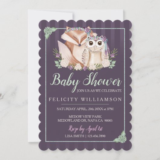 Cute Boho Forest Fox & Owl Baby shower Invitation Kaart (Voorkant)
