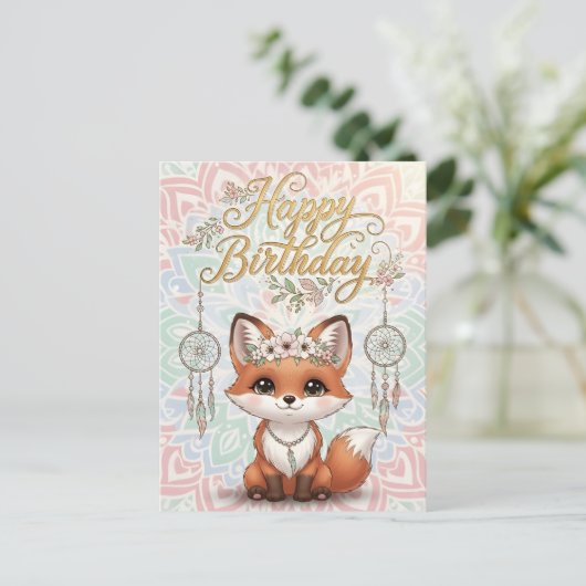 Cute Boho Fox Happy Birthday Card with Dreamcatche Briefkaart (Staand voorkant)
