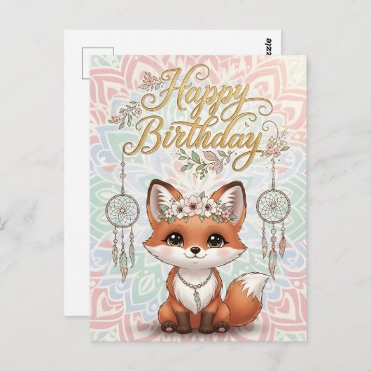 Cute Boho Fox Happy Birthday Card with Dreamcatche Briefkaart (Voorkant / Achterkant)