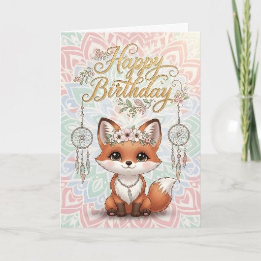 Cute Boho Fox Happy Birthday Card with Dreamcatche Kaart (Voorkant)