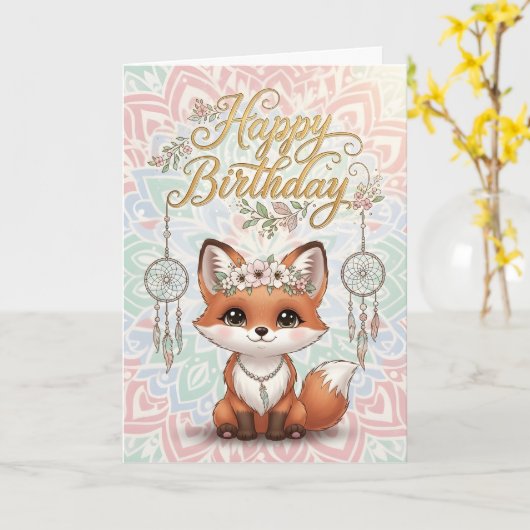 Cute Boho Fox Happy Birthday Card with Dreamcatche Kaart (Gele Bloem)