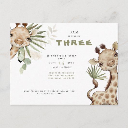 Cute Boho Giraffe Neutral Pampas Birthday Party Uitnodiging Briefkaart (Voorkant)