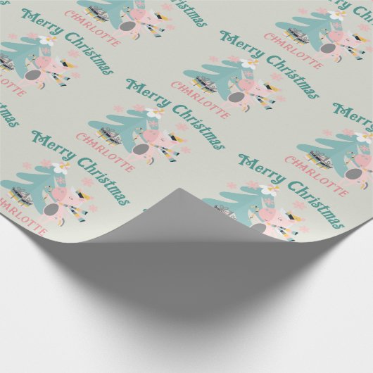 Cute Boho Kerstmis Unicorn op Sage Cadeaupapier (Hoek)