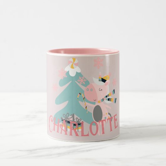 Cute Boho Kerstunicorn met naam op roze Tweekleurige Koffiemok (Center)
