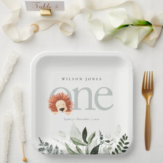 Cute Boho Lion Foliage 1e eerste verjaardag Papieren Bordje (Huwelijk)