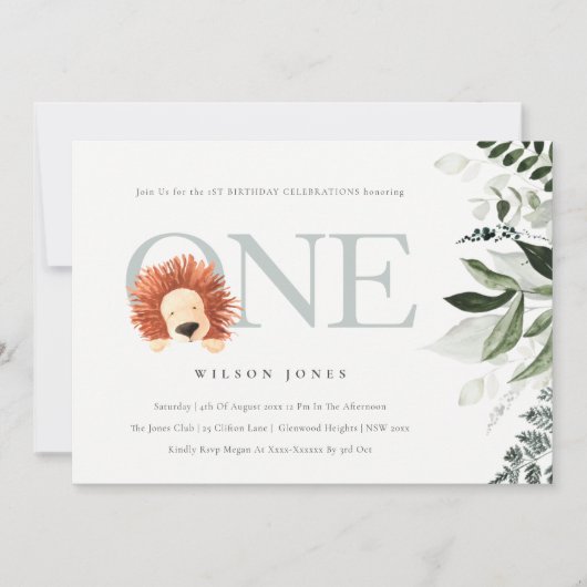 Cute Boho Lion Foliage 1e eerste verjaardag Uitnod Bedankkaart (Voorkant)