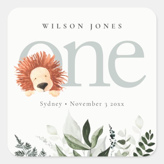 Cute Boho Lion Foliage 1e eerste verjaardag Vierkante Sticker (Voorkant)