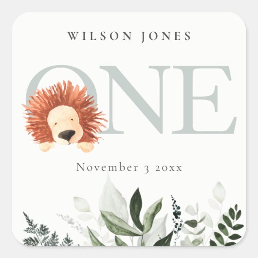 Cute Boho Lion Foliage 1e eerste verjaardag Vierkante Sticker (Voorkant)