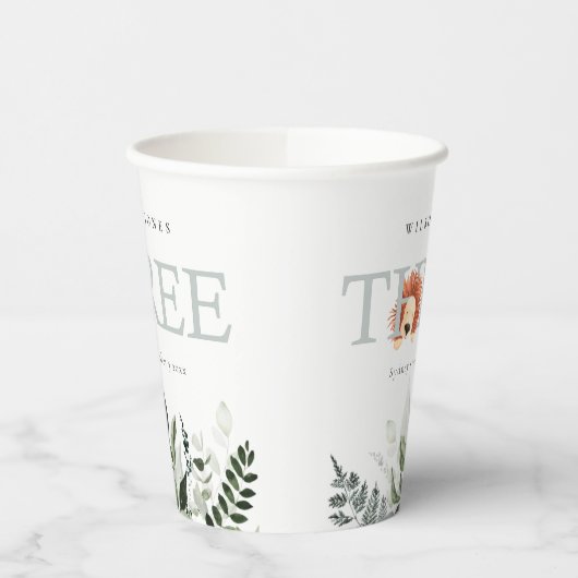 Cute Boho Lion Foliage 3rd Third Birthday Party Papieren Bekers (Links)