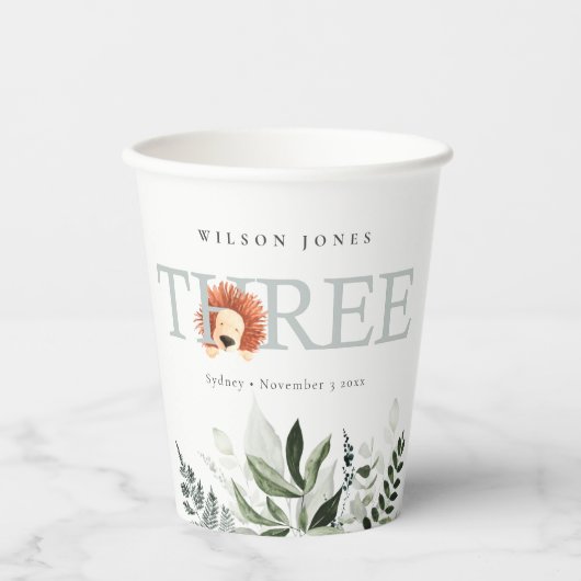 Cute Boho Lion Foliage 3rd Third Birthday Party Papieren Bekers (Voorkant)