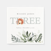 Cute Boho Lion Foliage 3rd Third Birthday Party Servet (Voorkant)
