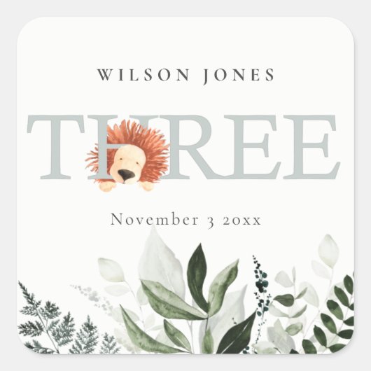 Cute Boho Lion Foliage 3rd Third Birthday Party Vierkante Sticker (Voorkant)