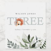 Cute Boho Lion Foliage 3rd Third Birthday Party Wijn Etiket (Enkel label)