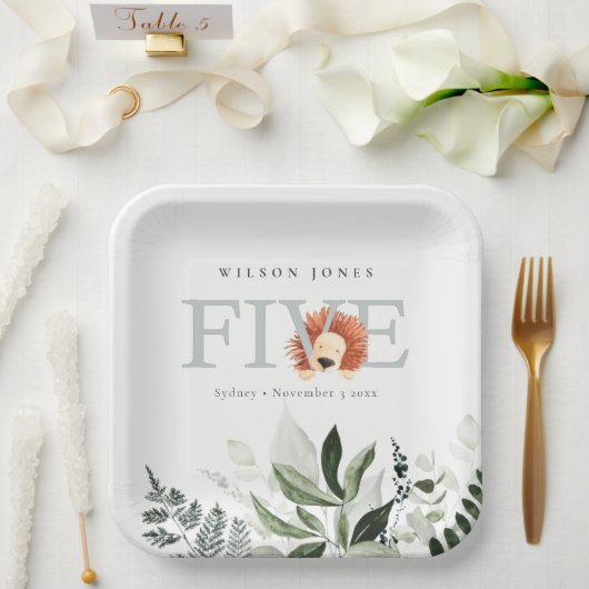Cute Boho Lion Foliage 5e verjaardag Papieren Bordje (Huwelijk)