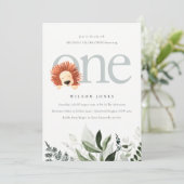 Cute Boho Lion Foliage First Birthday Party Invite Bedankkaart (Staand voorkant)