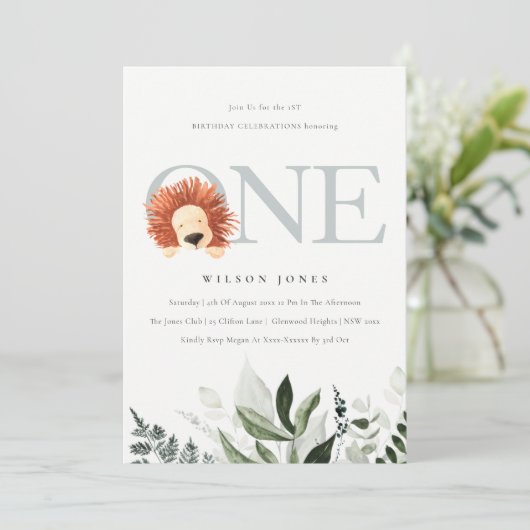 Cute Boho Lion Foliage First Birthday Party Invite Bedankkaart (Staand voorkant)