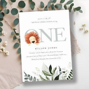 Cute Boho Lion Foliage First Birthday Party Invite Bedankkaart