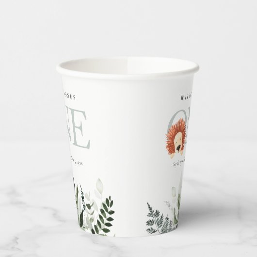 Cute Boho Lion Foliage First Birthday Party Papieren Bekers (Links)