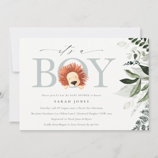 Cute Boho Lion Foliage Het is Jongen Baby shower I Bedankkaart (Voorkant)