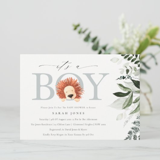 Cute Boho Lion Foliage Het is Jongen Baby shower I Bedankkaart (Staand voorkant)