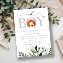 Cute Boho Lion Foliage Oh Boy Baby shower Invite