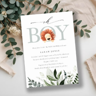 Cute Boho Lion Foliage Oh Boy Baby shower Invite Bedankkaart