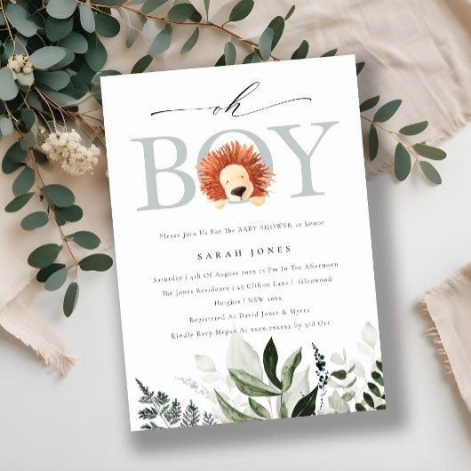 Cute Boho Lion Foliage Oh Boy Baby shower Invite Bedankkaart