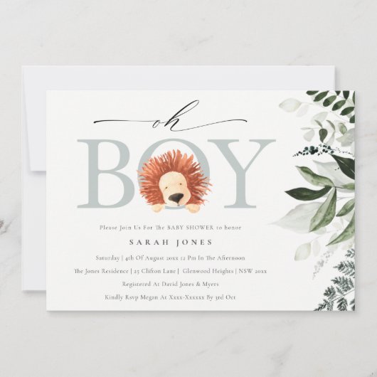 Cute Boho Lion Foliage Oh Boy Baby shower Invite Bedankkaart (Voorkant)