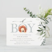 Cute Boho Lion Foliage Oh Boy Baby shower Invite Bedankkaart (Staand voorkant)