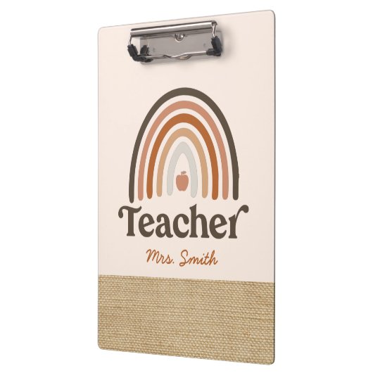 Cute Boho Modern Rainbow Faux Burlap Teacher Klembord (Links)