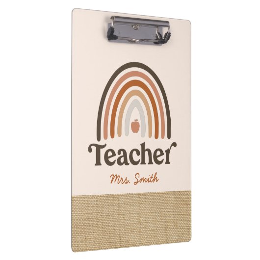 Cute Boho Modern Rainbow Faux Burlap Teacher Klembord (Rechts)