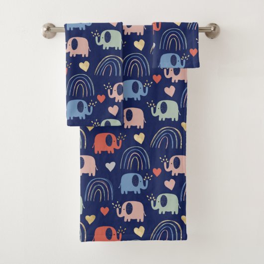 Cute Boho Navy Blue Elephant Pattern Bad Handdoek (Insitu)
