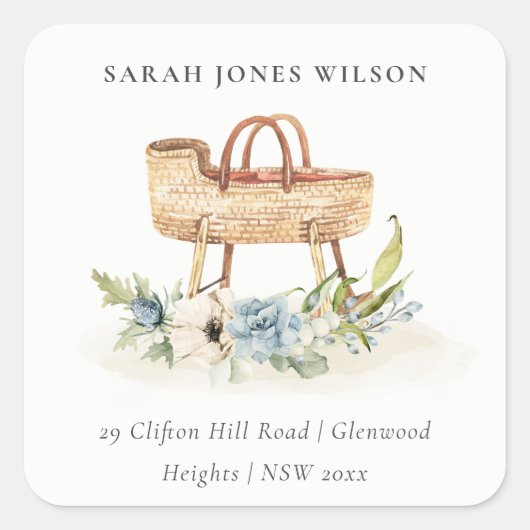 Cute Boho Nursery Blue Floral Bassinet Address Vierkante Sticker (Voorkant)