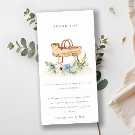 Cute Boho Nursery Blue Floral Bassinet Baby shower Bedankkaart
