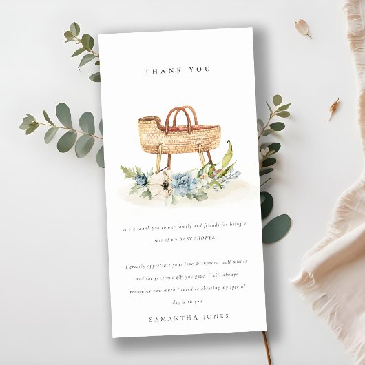 Cute Boho Nursery Blue Floral Bassinet Baby shower Bedankkaart