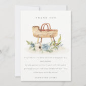 Cute Boho Nursery Blue Floral Bassinet Baby shower Bedankkaart (Voorkant)