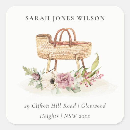 Cute Boho Nursery Pink Floral Bassinet Address Vierkante Sticker (Voorkant)